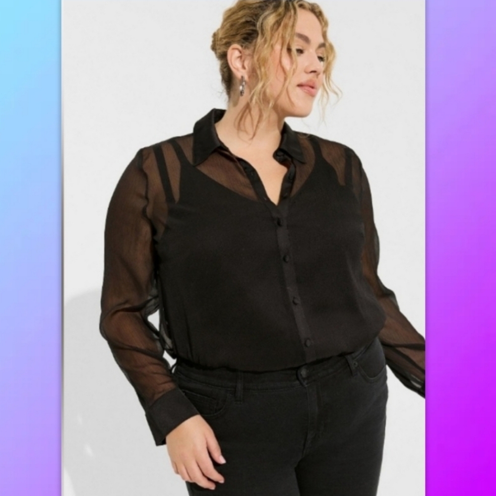NWT Torrid Chiffon & Satin Long Sleeve Button up Deep Black - 4